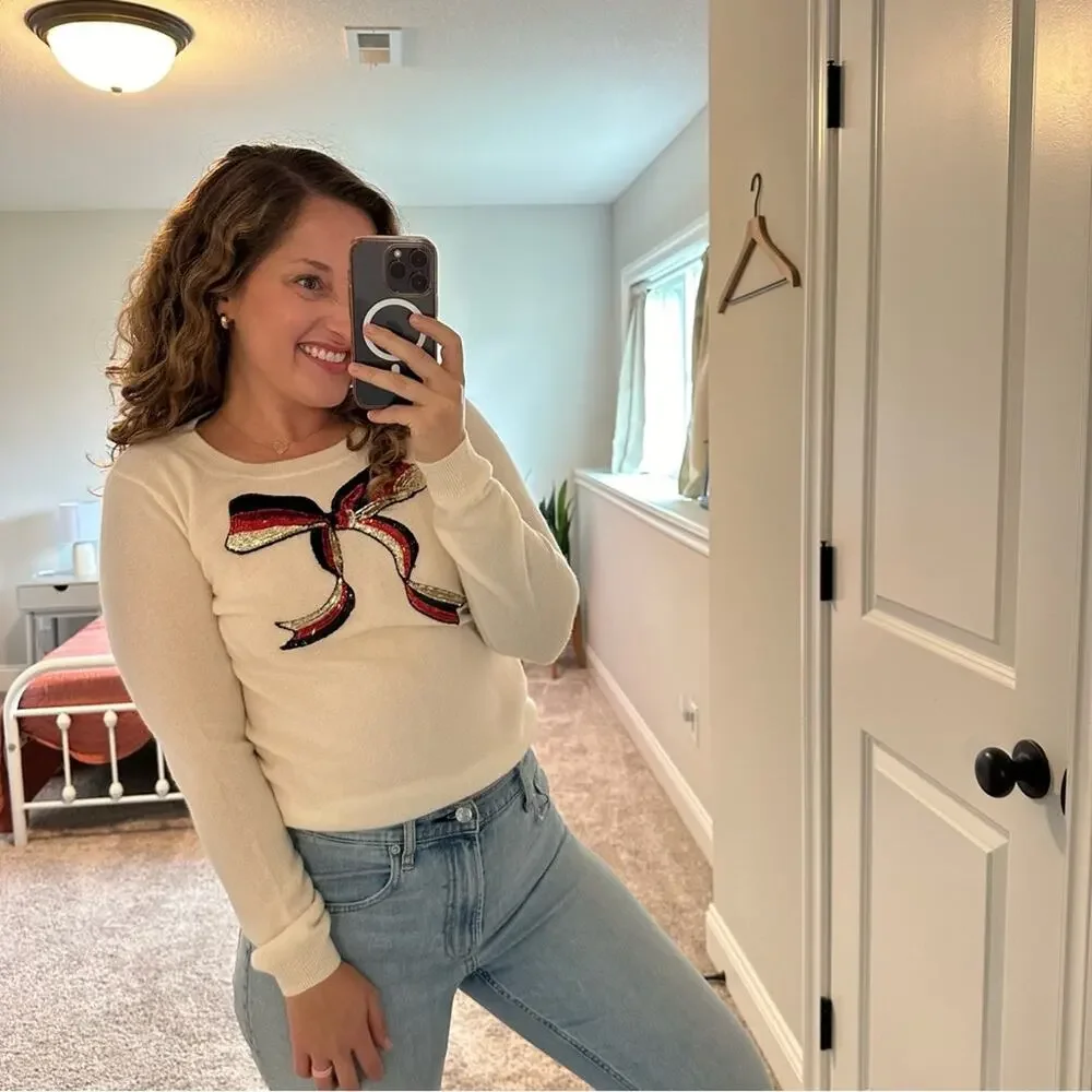 Tuckernuck Never a Wallflower Cream Sequin Bow Cashmere Sweater Small